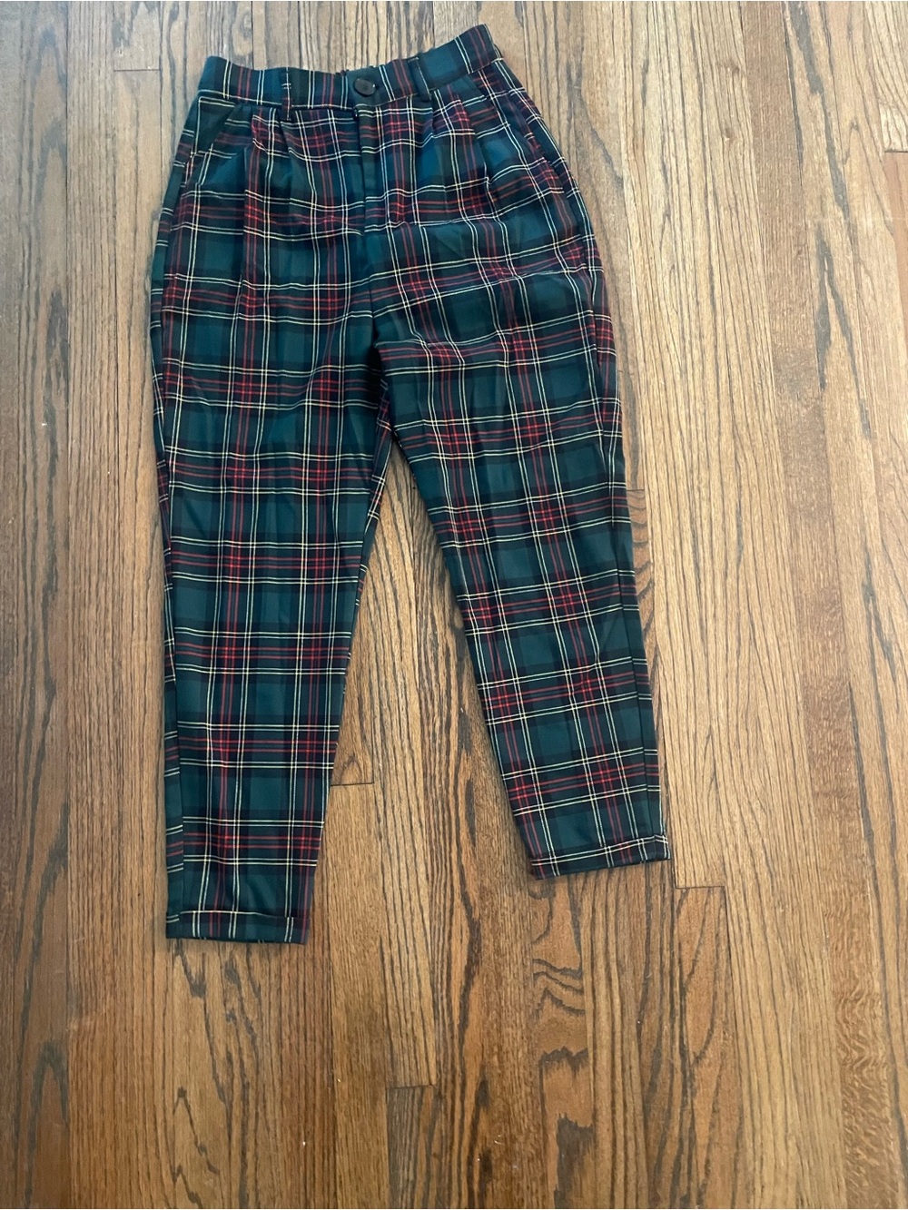 Bershka Women’s Plaid Dress Pants Elastic Waist Button Closure Green Red Yellow